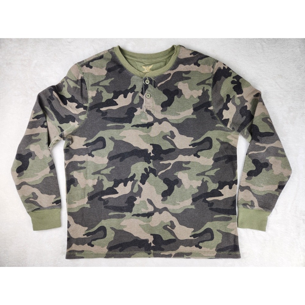Faded Glory Shirt Mens XL Green Camo Waffle Knit Thermal‎ Henley Street